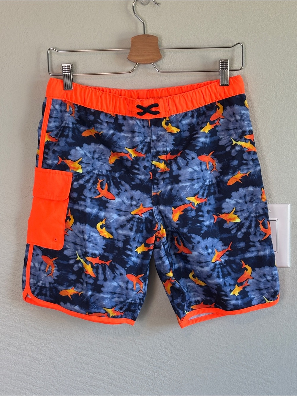 Bundle 2/$30! Lands' End Blue Tie-Dye Swim Trunks with Sharks 10-12 HUSKY